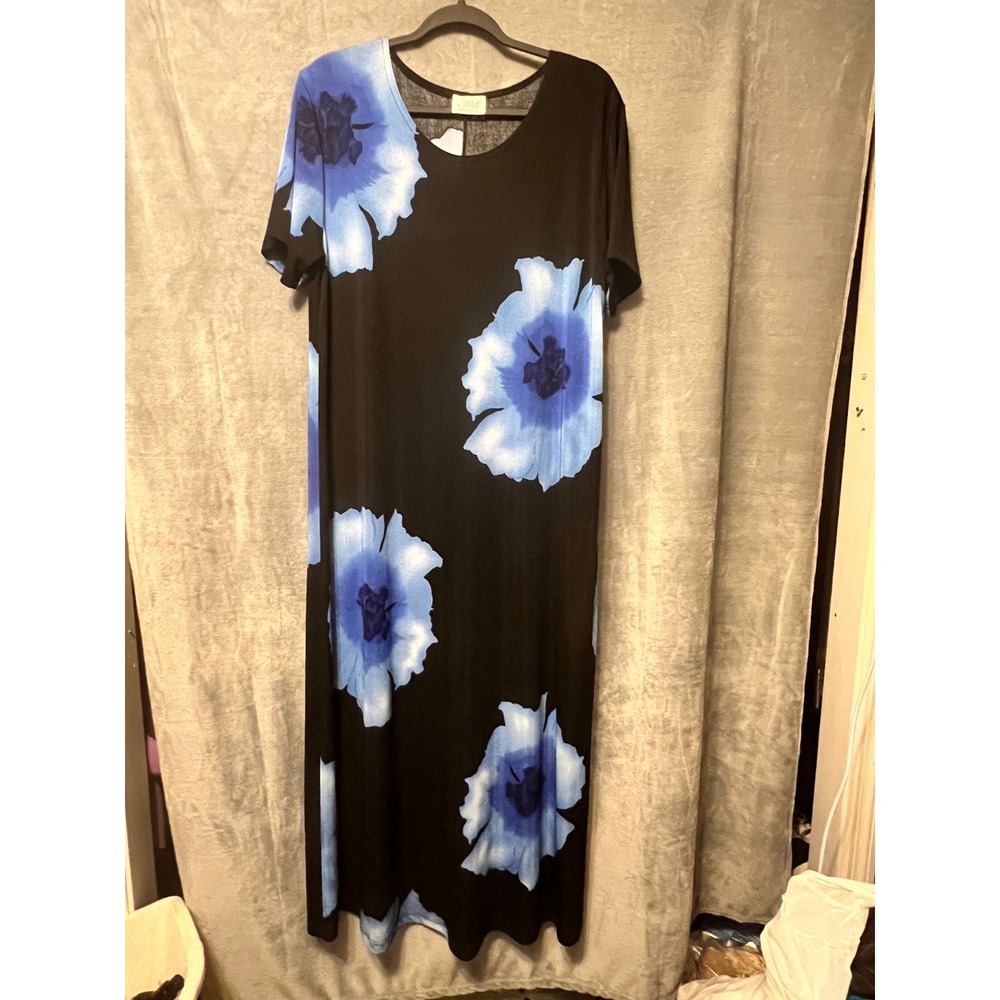 Jostar Black Blue Large Floral Slinky Knit Maxi Dress Short Sleeve Made USA XL